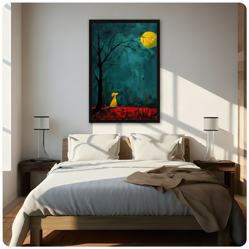 Moonlit Yellow Dog Teal Forest Canvas Art Wall Art