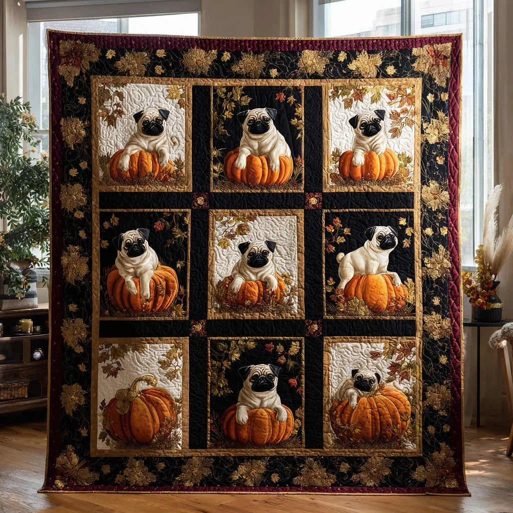 Fall Pumpkin Pug Quilt Blanket