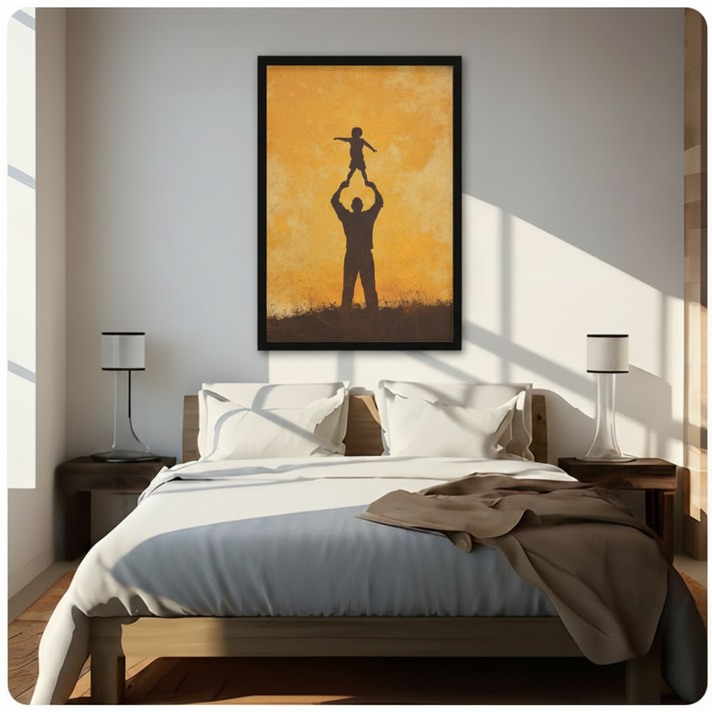 Father Child Silhouette Golden Canvas Wall Art