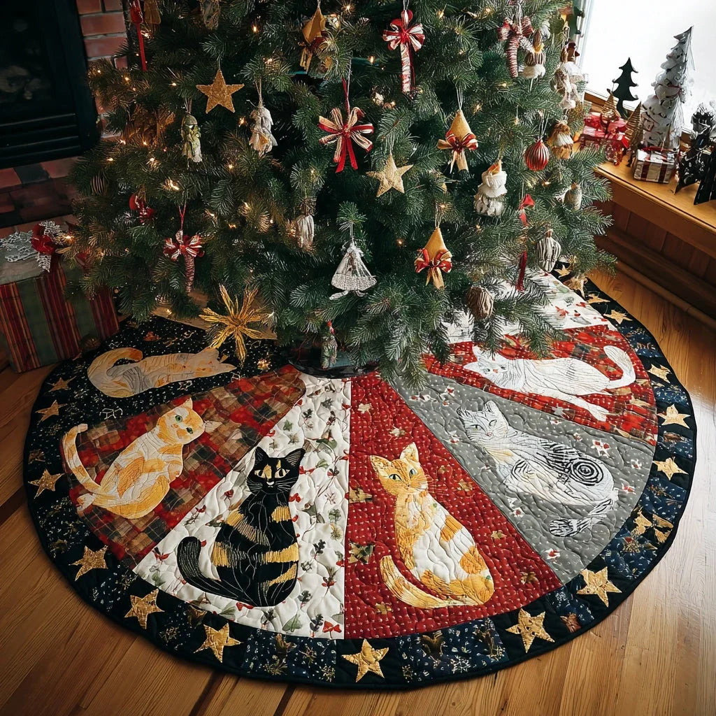 Festive Feline Christmas Quilted Tree Skirt