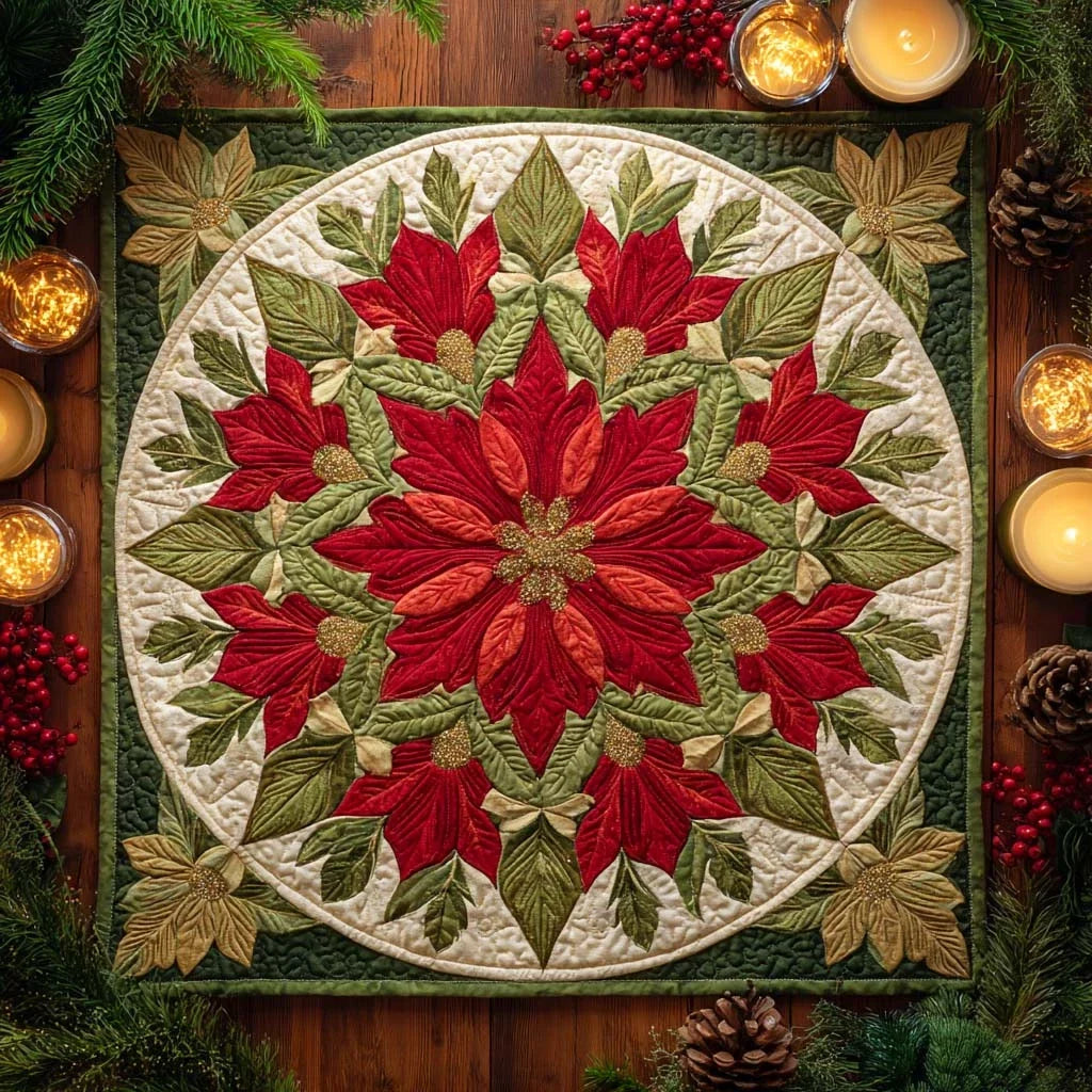Festive Wreath Poinsettia Quilted Table Topper