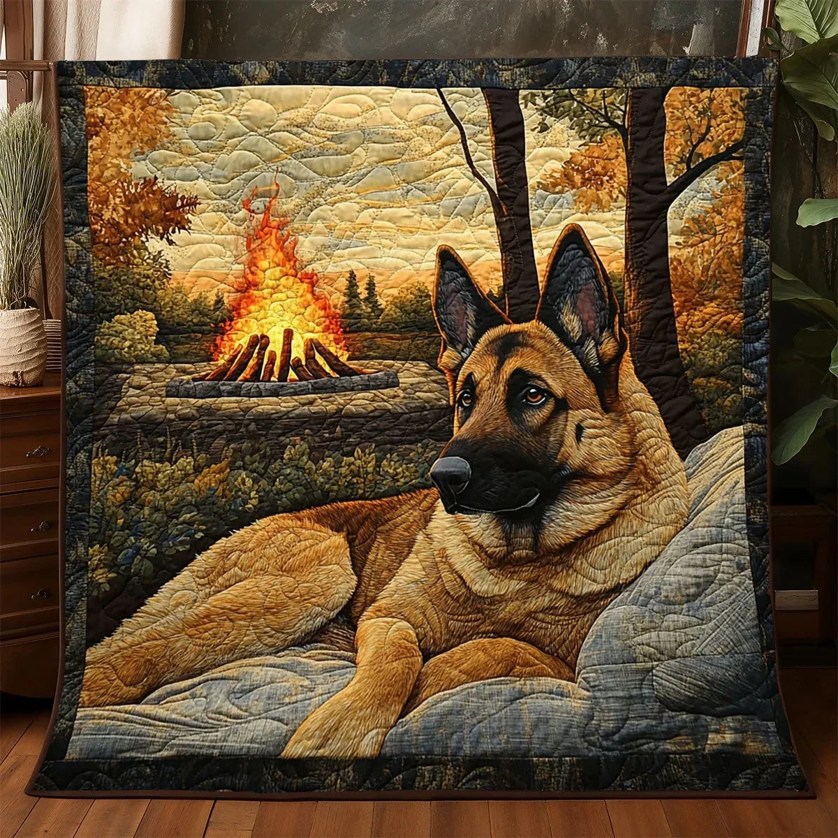 Fire Pit German Shepherd Quilt Blanket