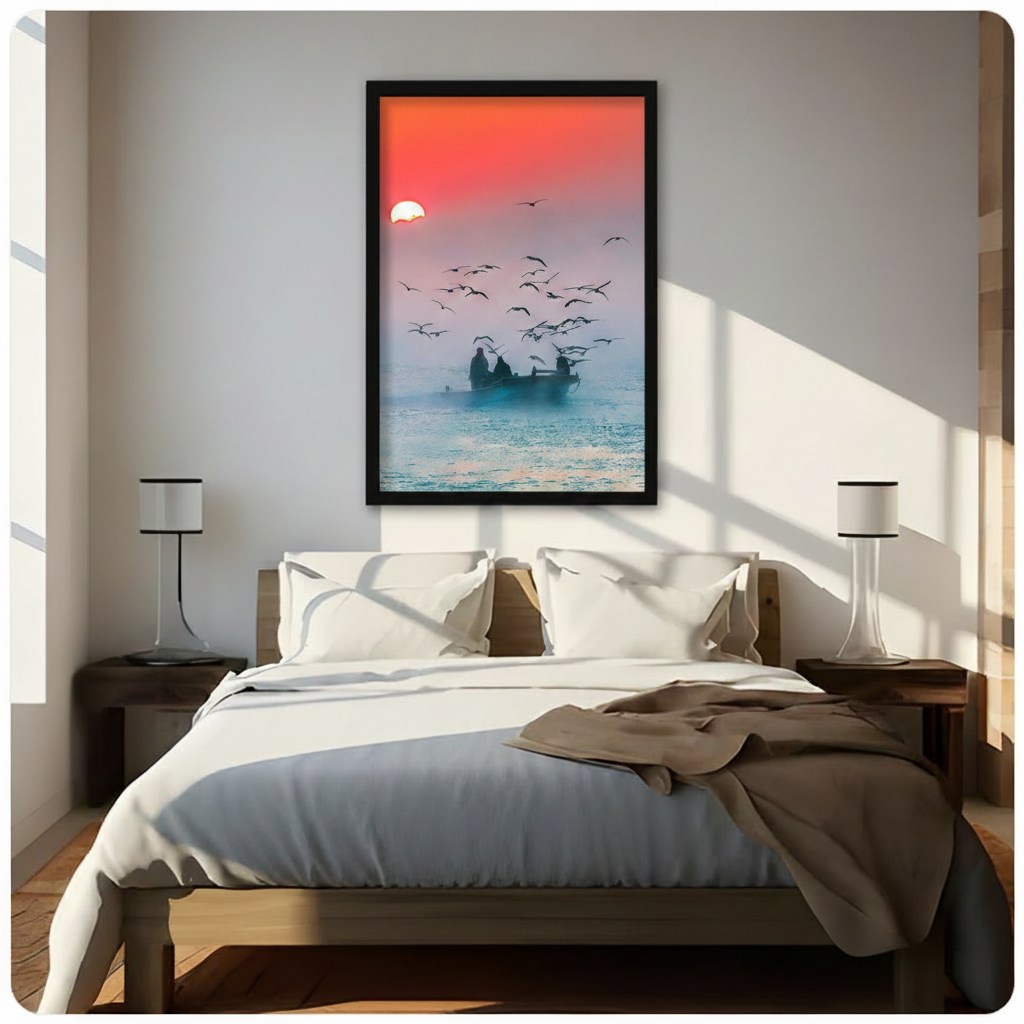 Fishermen Sunrise Seagulls Ocean Canvas Print