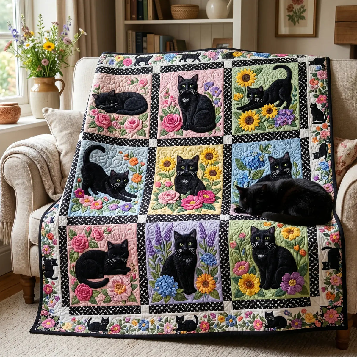 Floral Black Cat Quilt Blanket