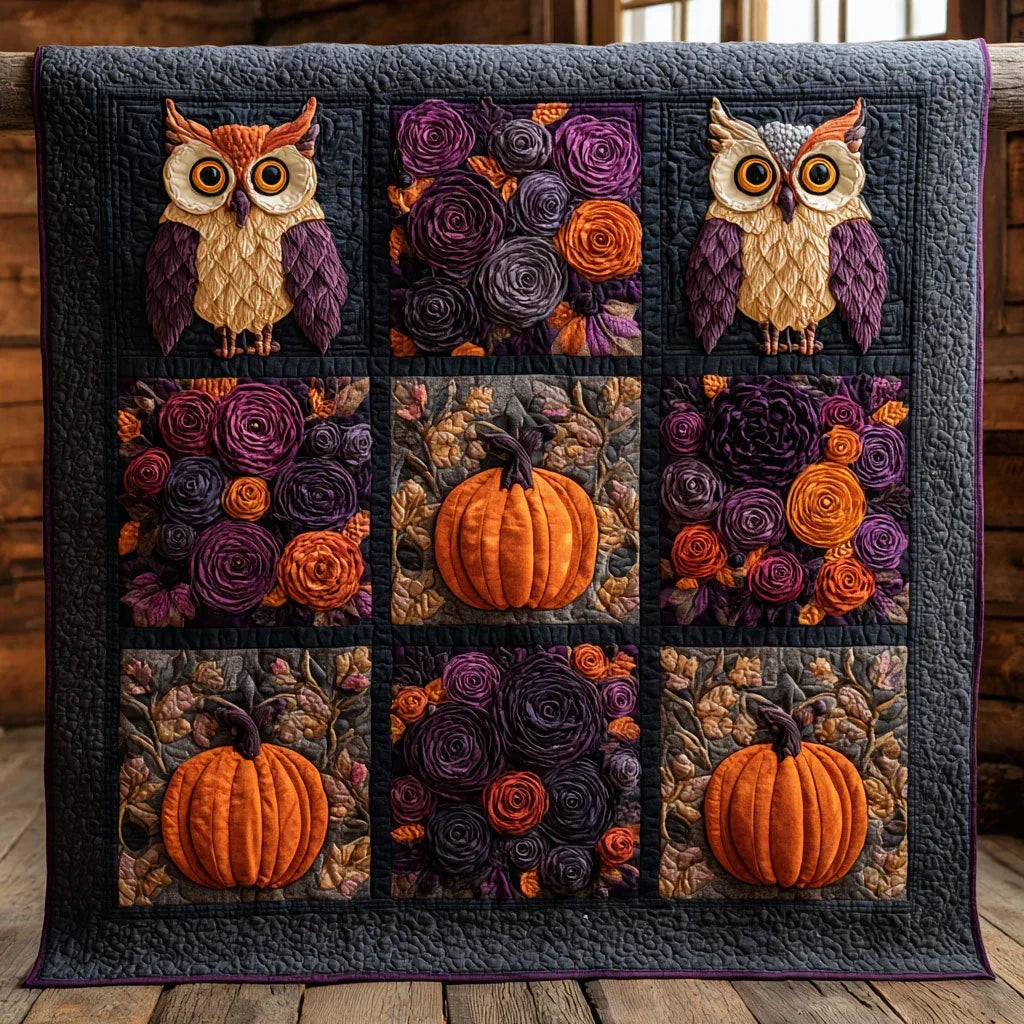 Floral Pumpkin Owl Quilt Blanket