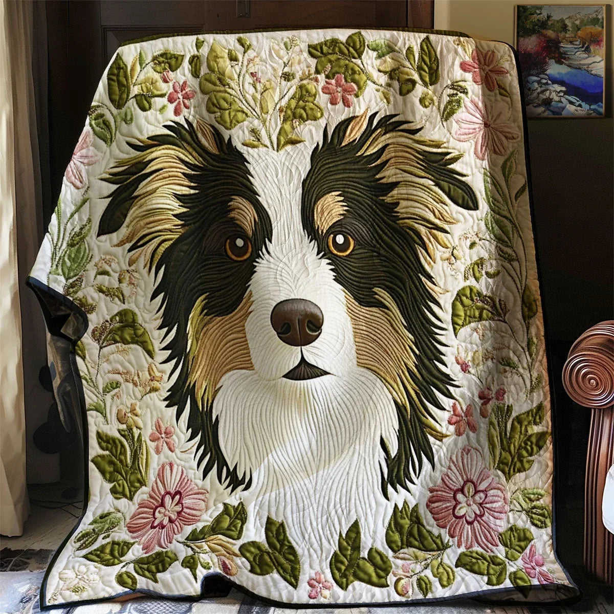Flower Border Collie Quilt Blanket