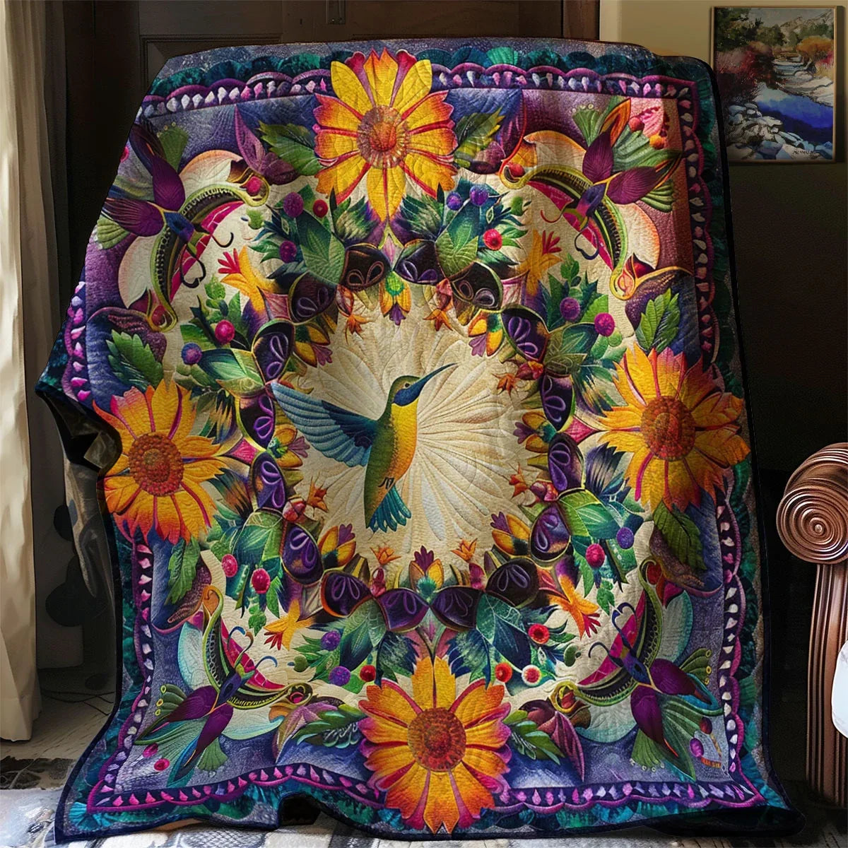 Flower Hummingbird Quilt Blanket