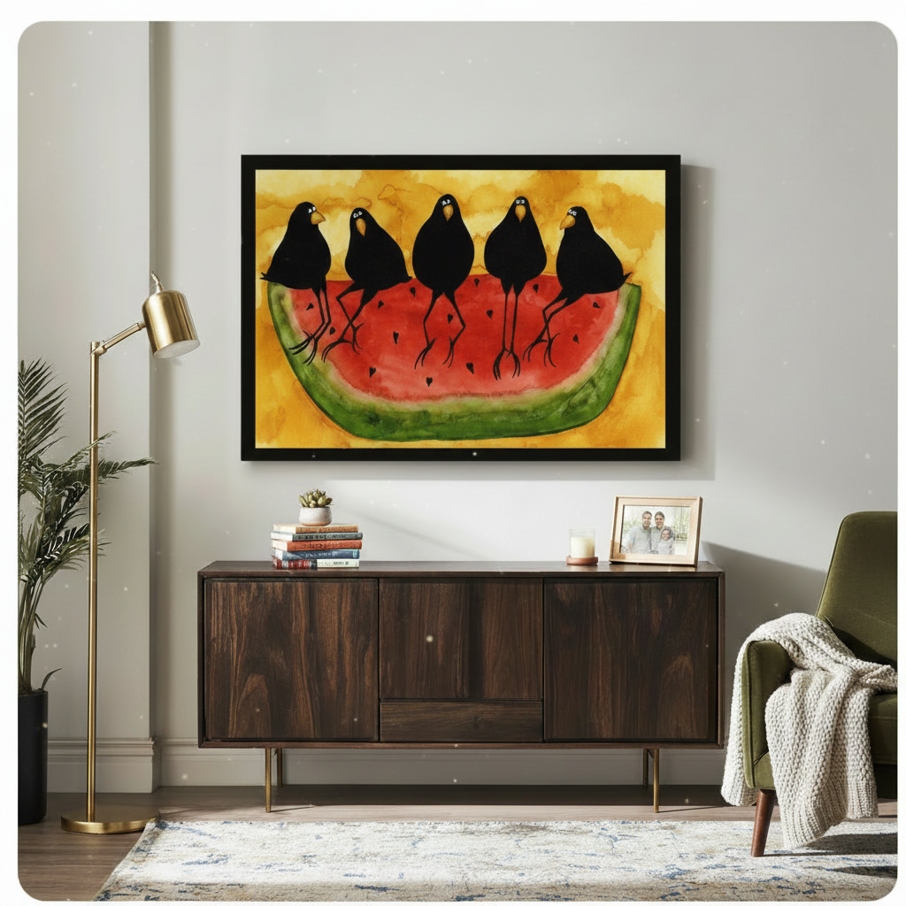 Crows Watermelon Folk Art Yellow Canvas Wall Art