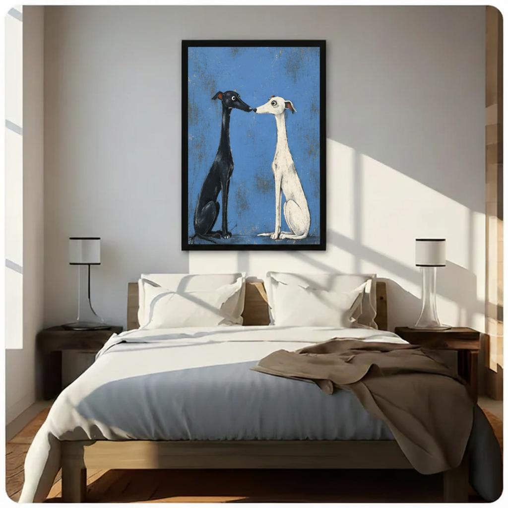 Nose to Nose – Black & White Greyhound Duo Framed Canvas