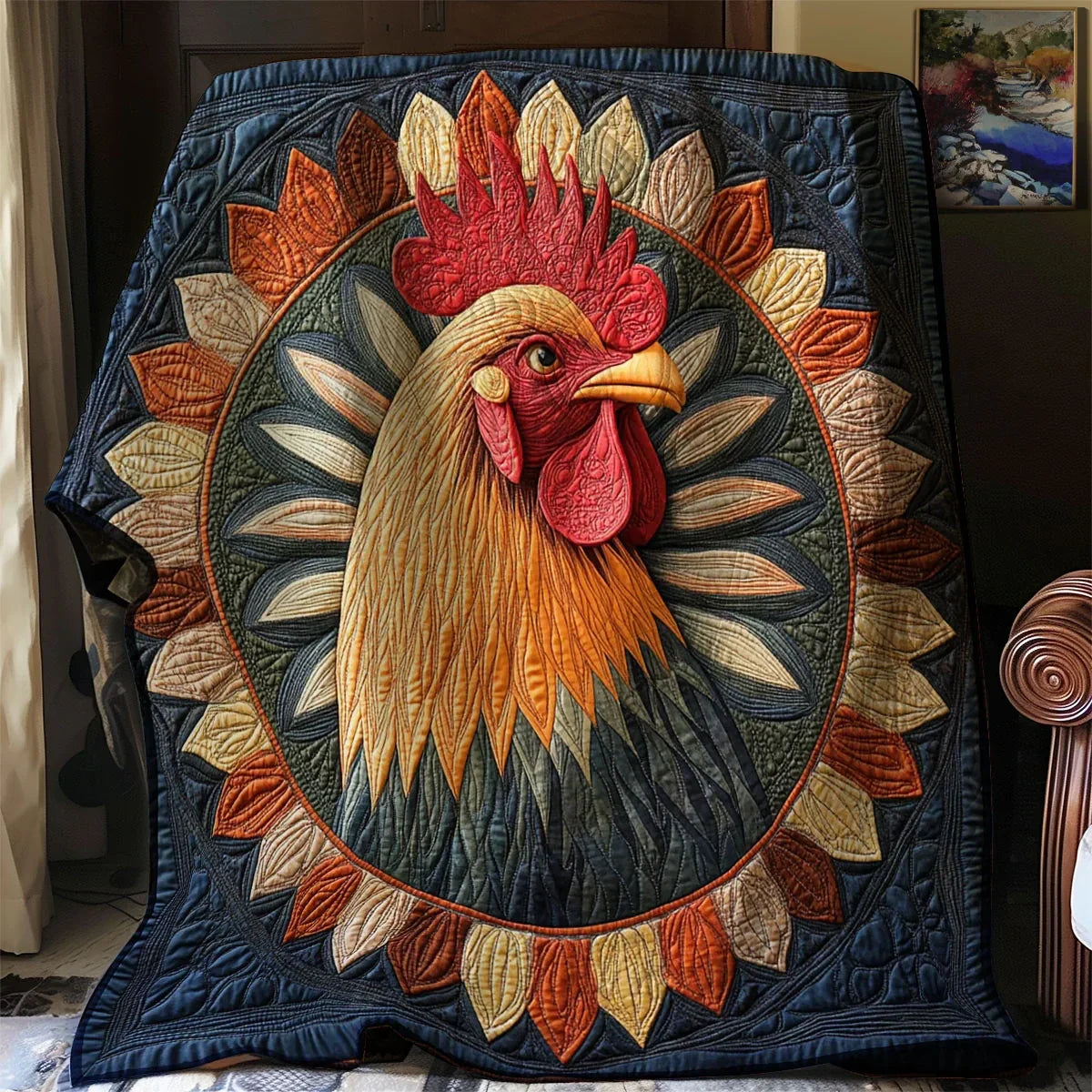 Folk Art Rooster Charm Quilt Blanket