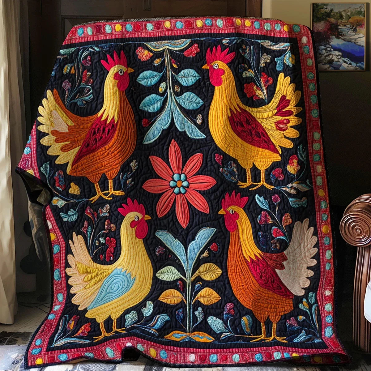 Folk Garden Chicken Quilt Blanket
