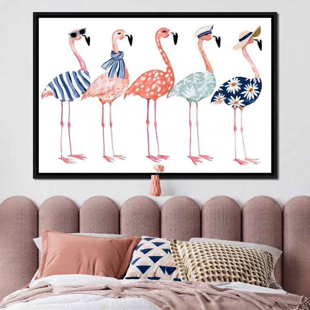 Five Stylish Flamingos on Summer Vacation Canvas Wall Art