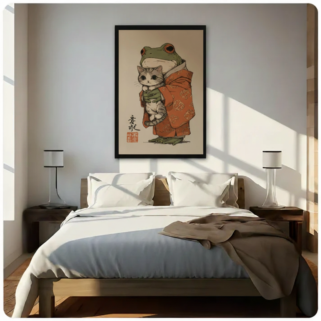 Frog & Cat Japanese Folk Art Canvas Print Wall Art