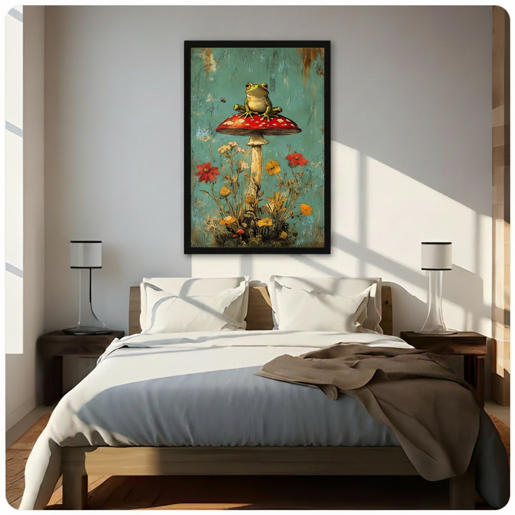 Whimsical Frog Mushroom Vintage Canvas Wall Art