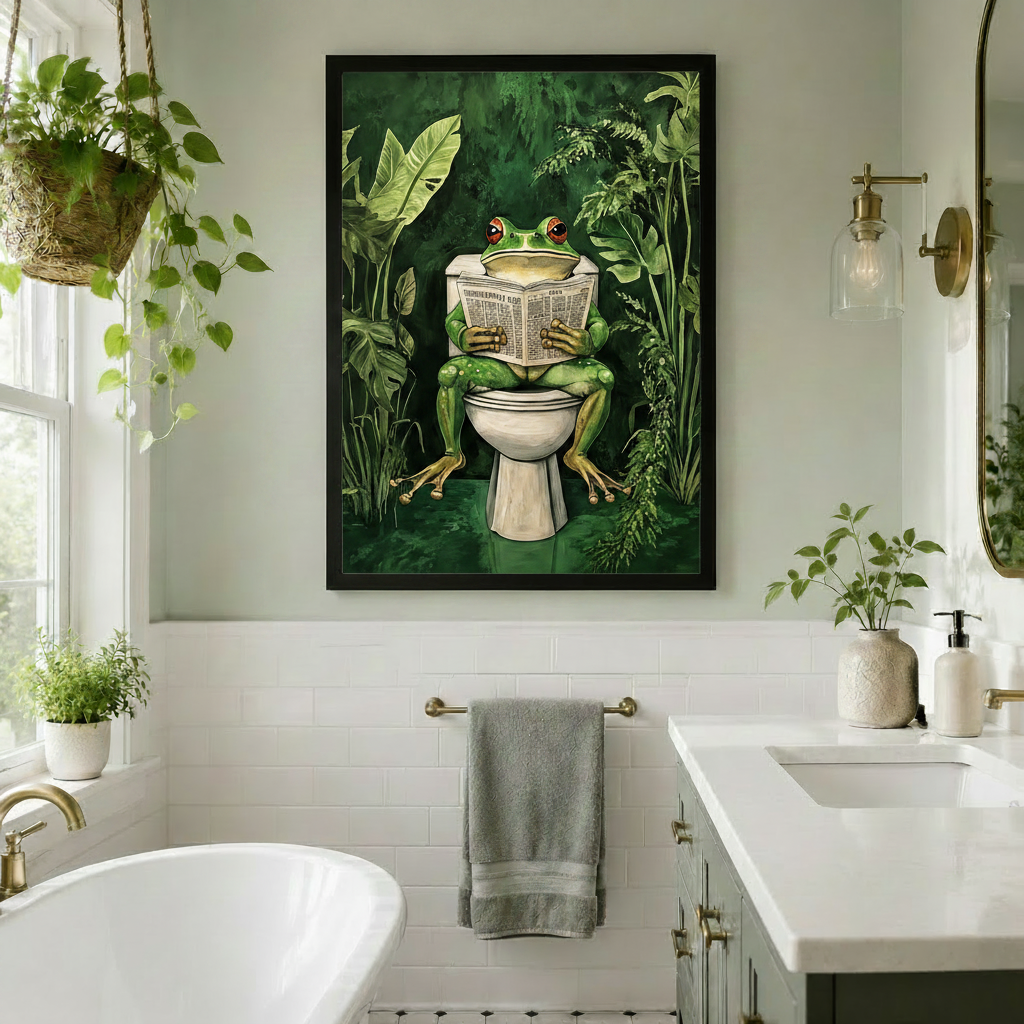 Frog Reading Newspaper Tropical Bathroom Canvas Art