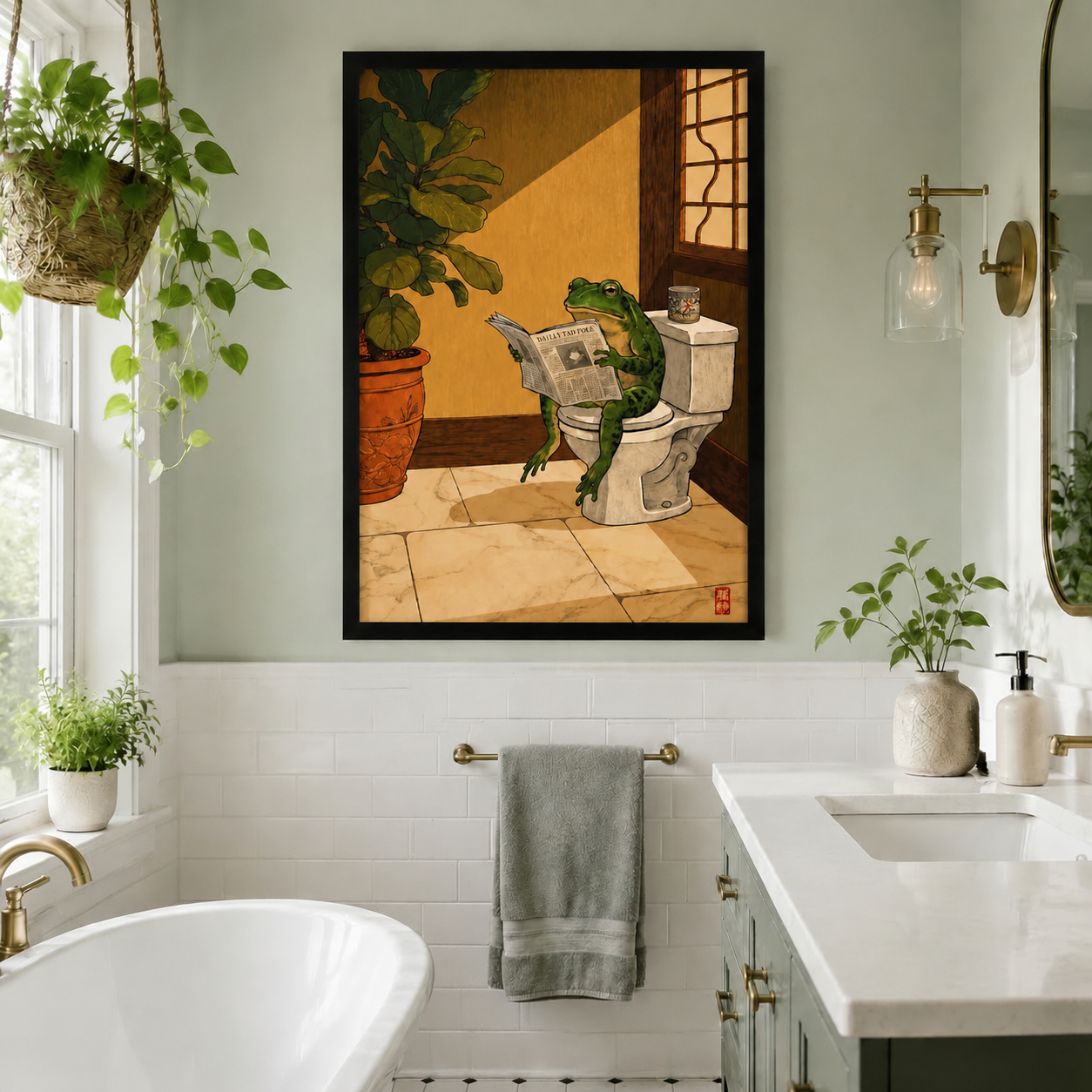 Frog Reading Newspaper Toilet Funny Canvas Art