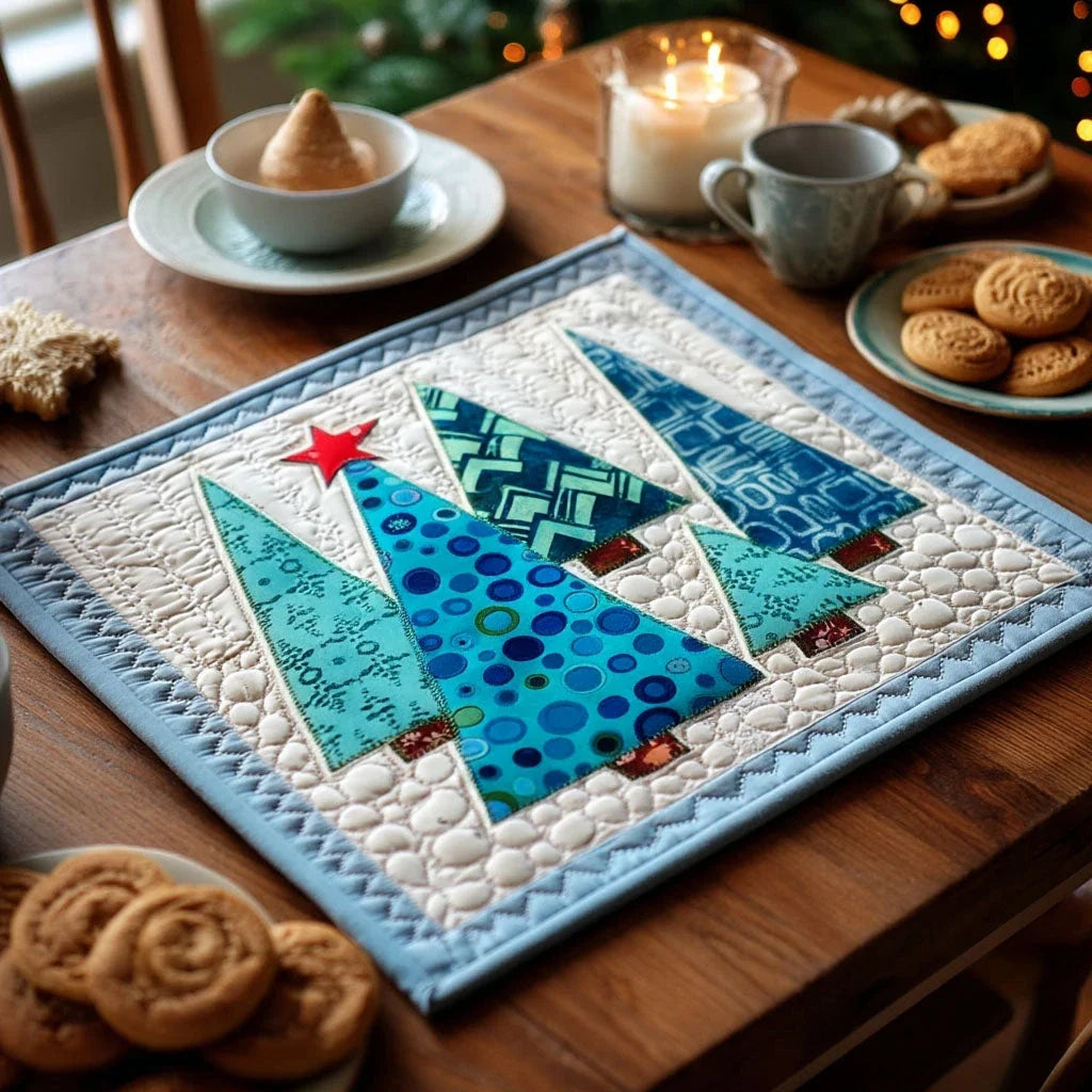 Frosted Blue Pines Quilted Table Topper