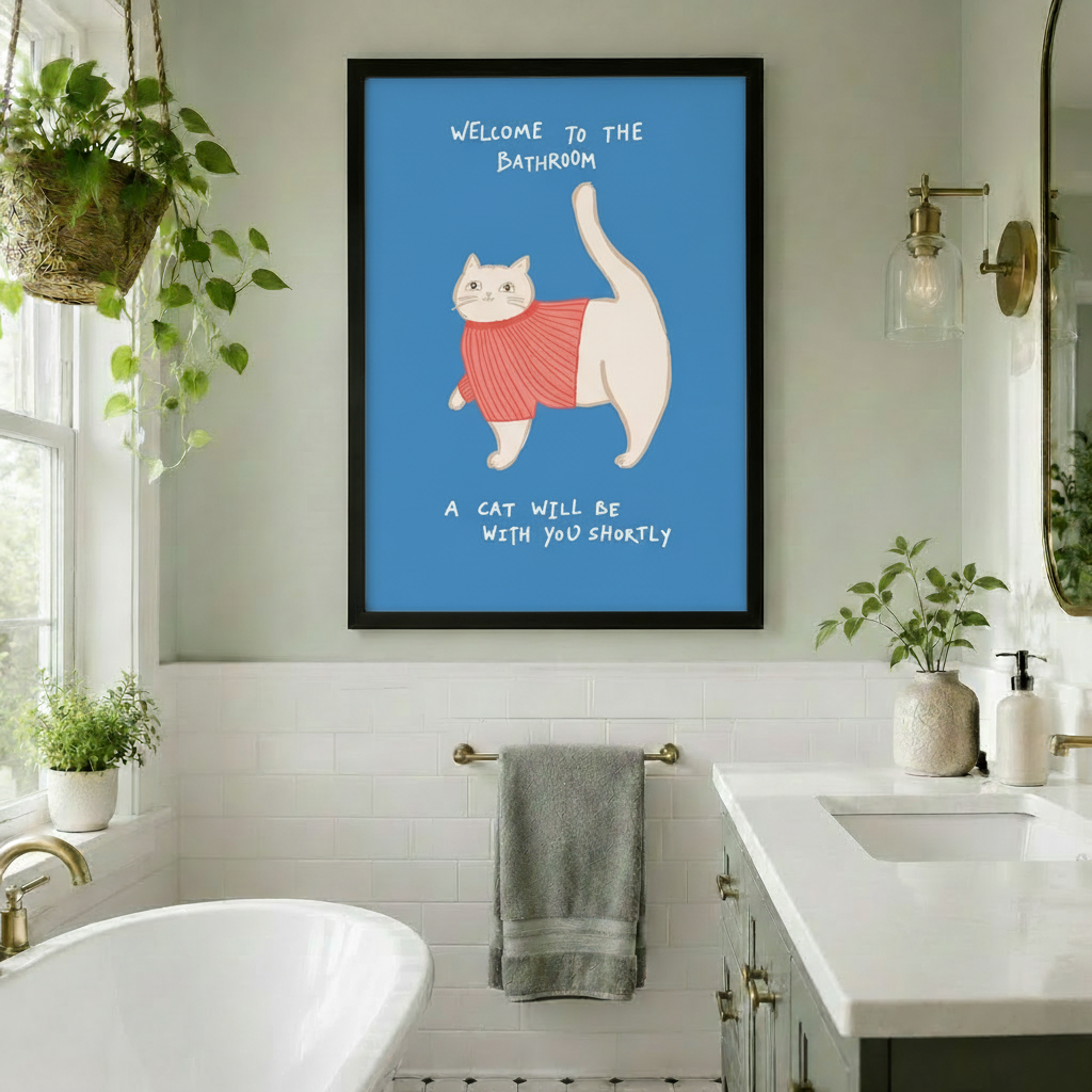 Welcome to the Bathroom Cat Canvas Art Wall Art