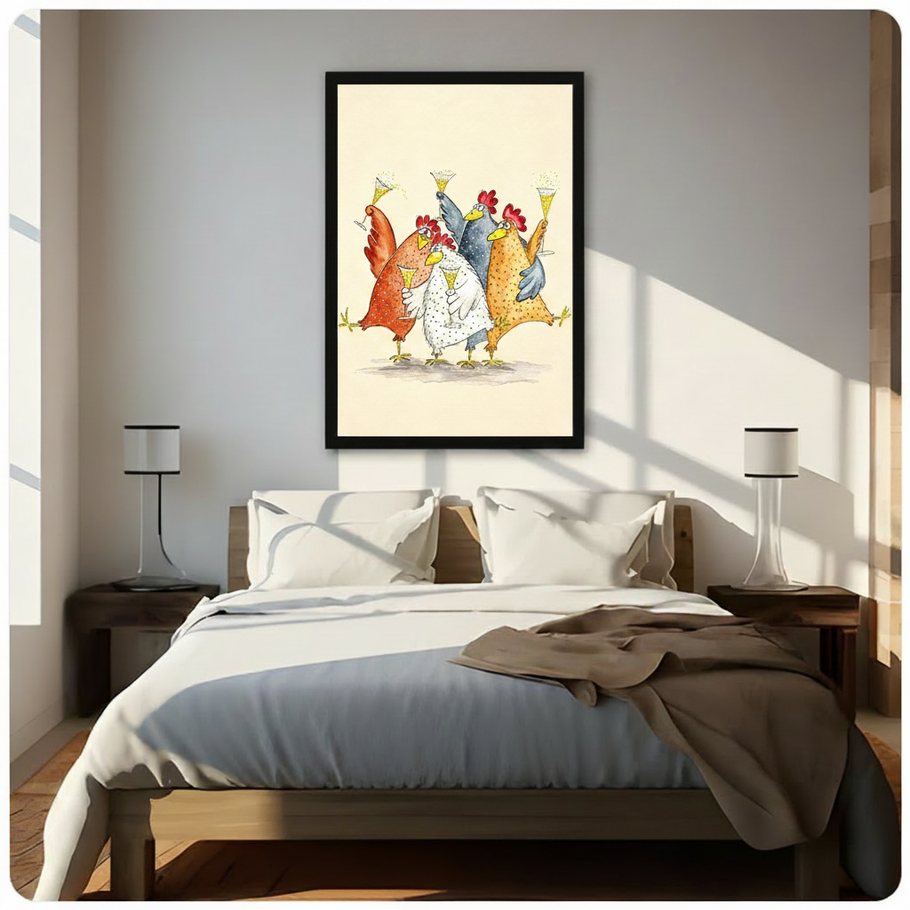 Funny Chickens Champagne Toast Framed Canvas Art