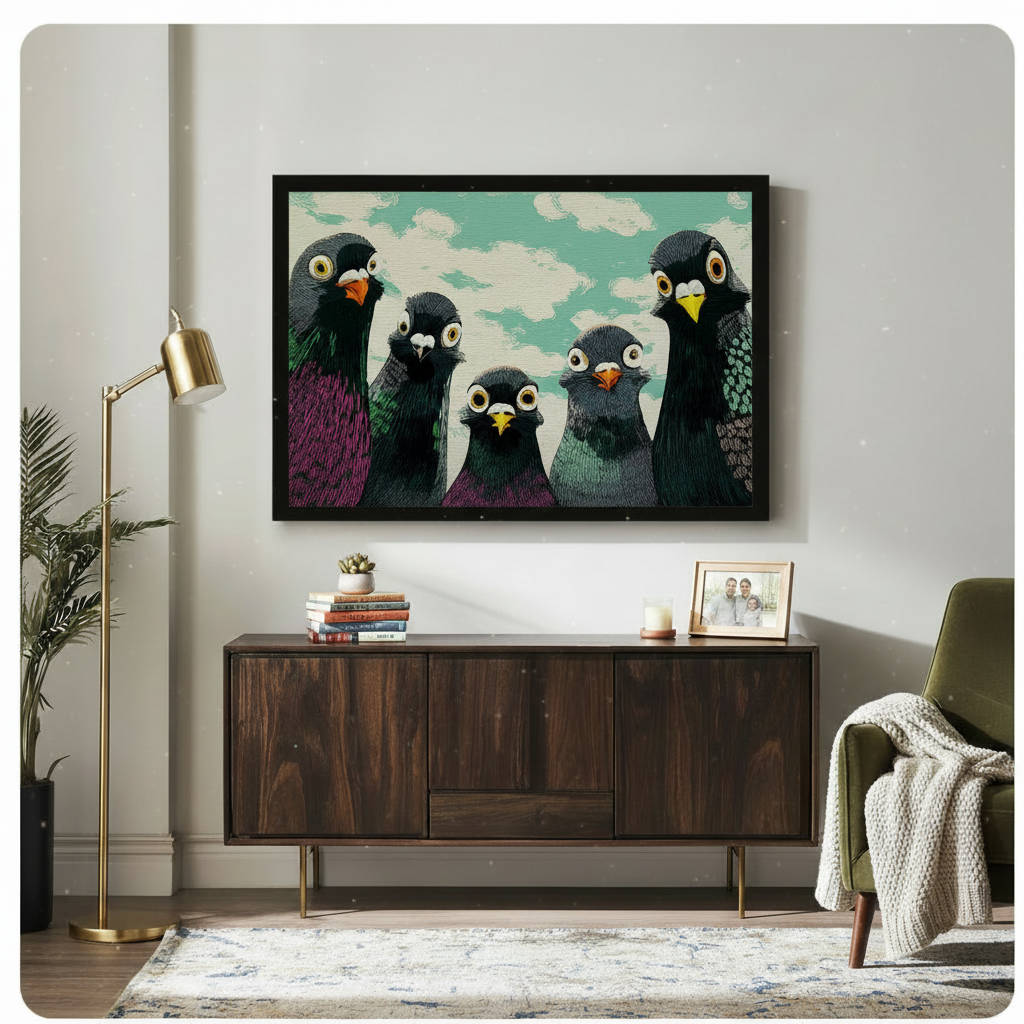 Funny Pigeons Staring Retro Canvas Wall Art