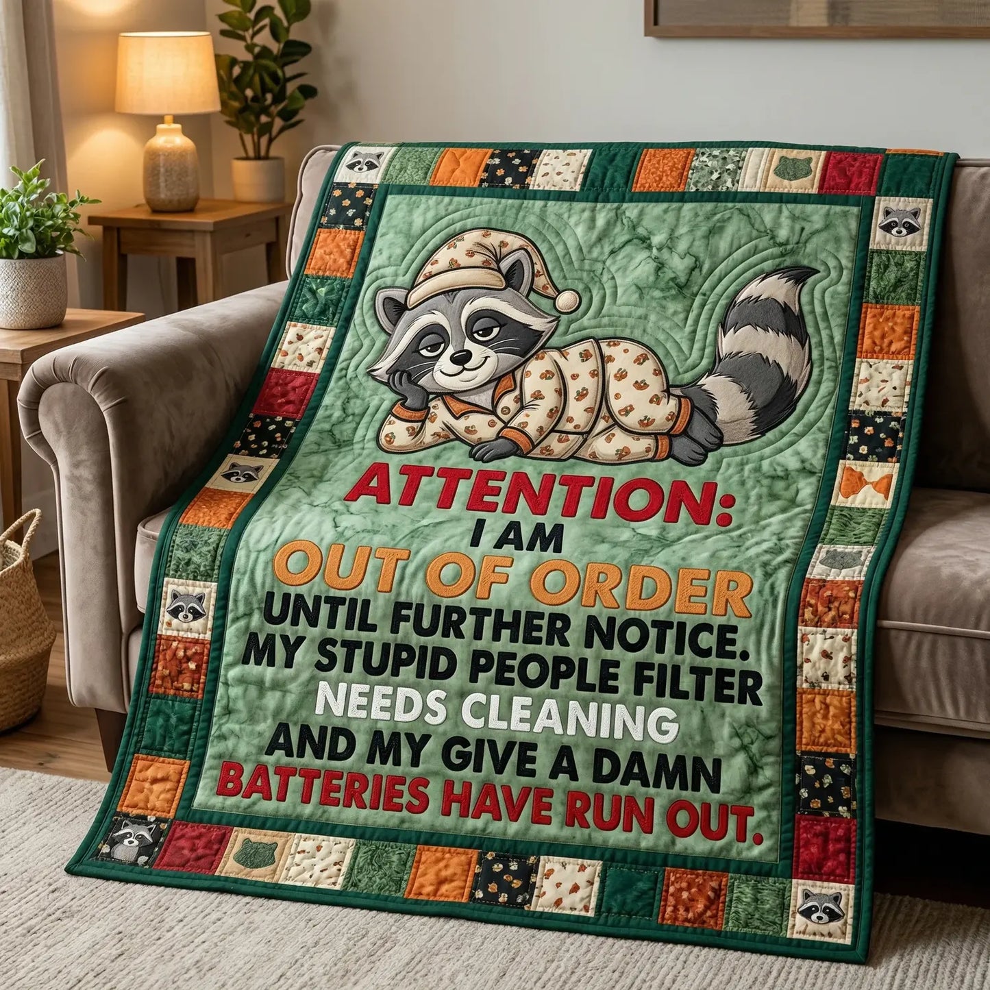 Funny Raccoon Out Of Order Quilt Blanket