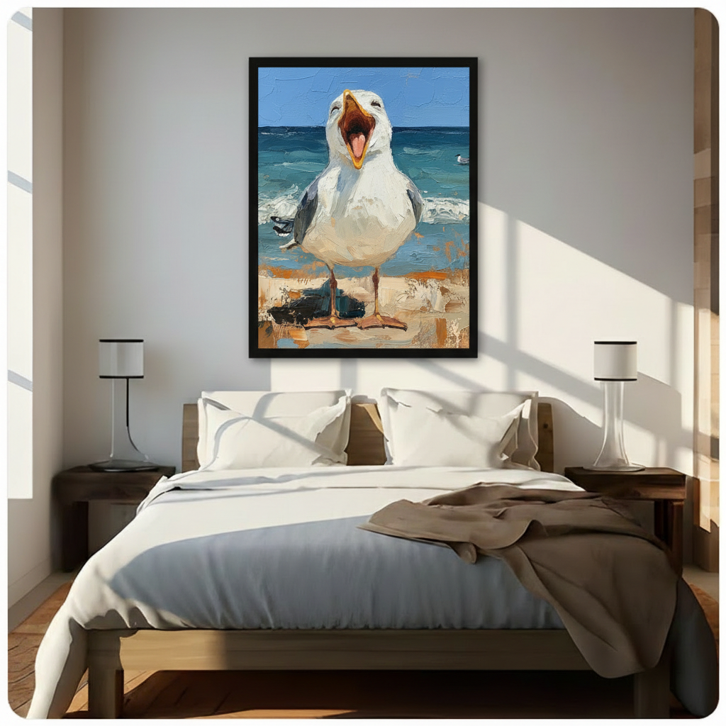 Screaming Seagull Beach Funny Coastal Oil Painting Canvas Art
