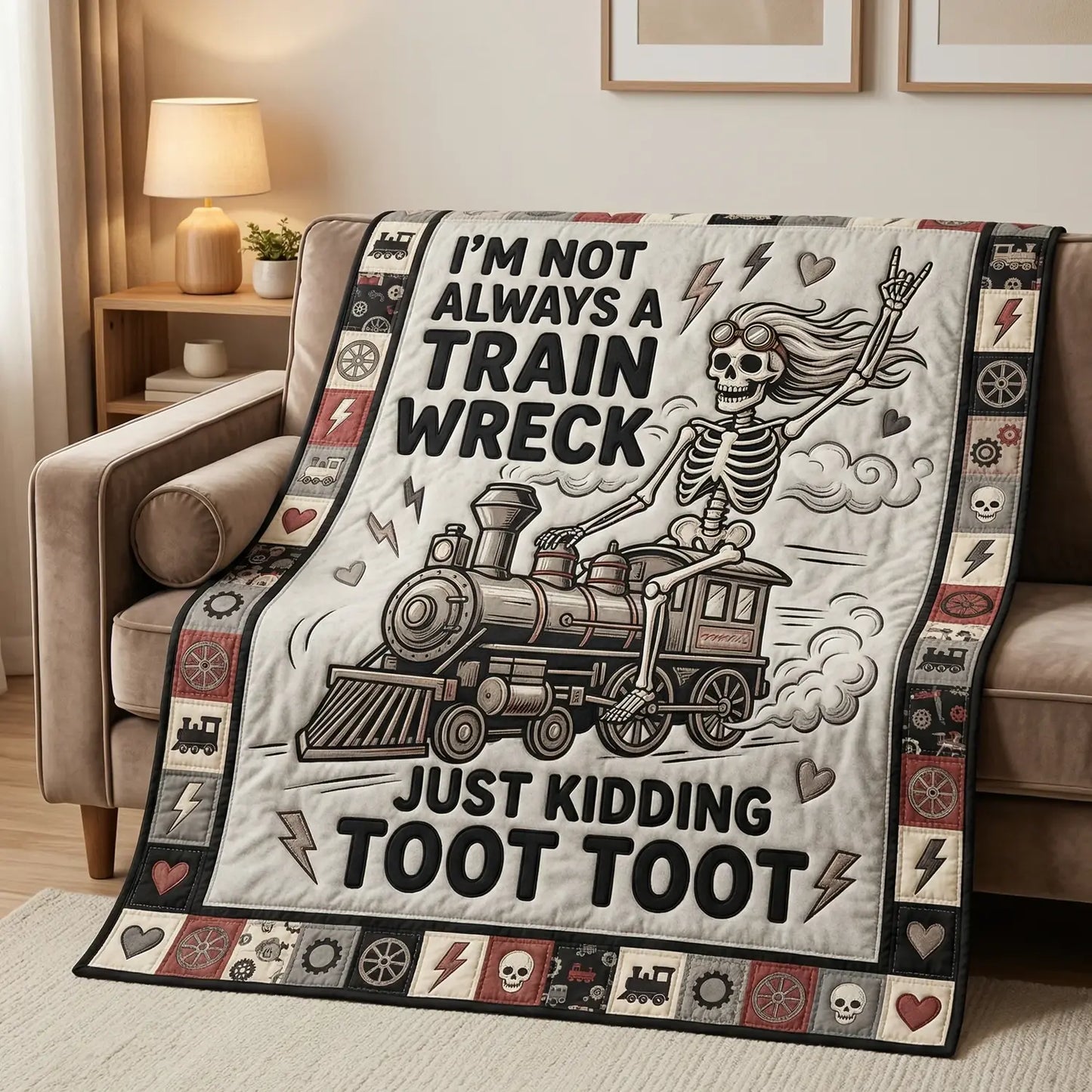 Funny Skeleton Train Wreck Quilt Blanket
