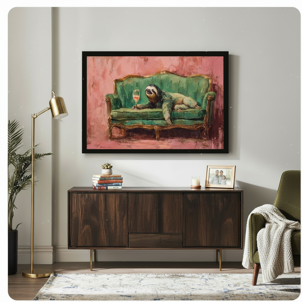 Sloth Drinking Wine Funny Canvas Wall Art