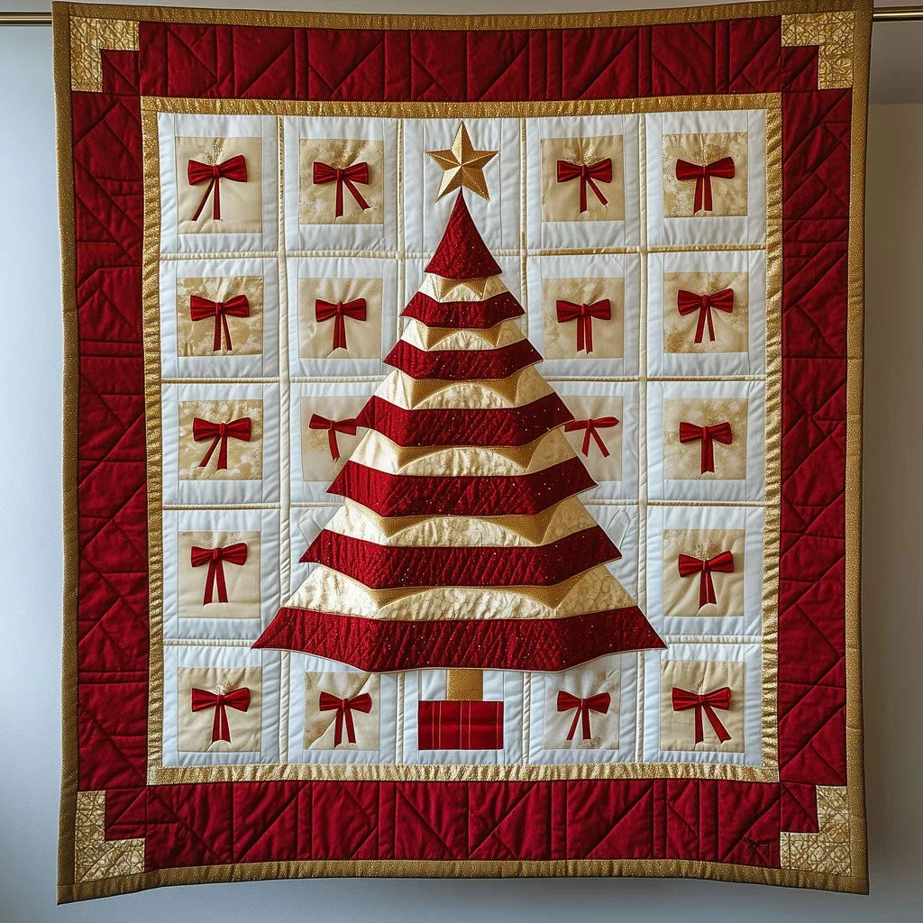 Geometric Christmas Tree And Bows Quilt Blanket