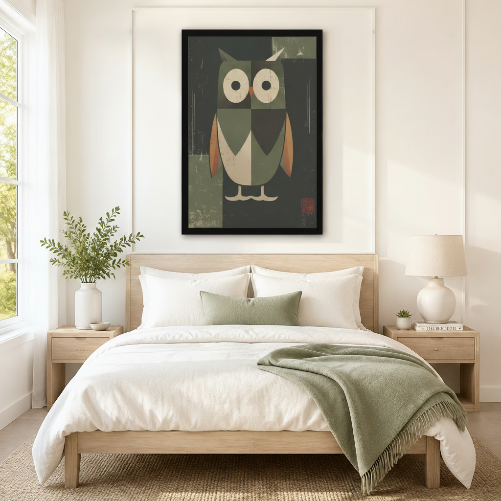 Retro Geometric Owl Framed Canvas Wall Art
