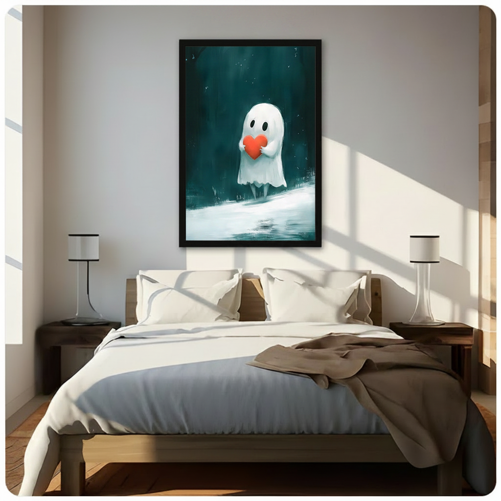 Cute Ghost Holding Heart Teal Fantasy Canvas Art