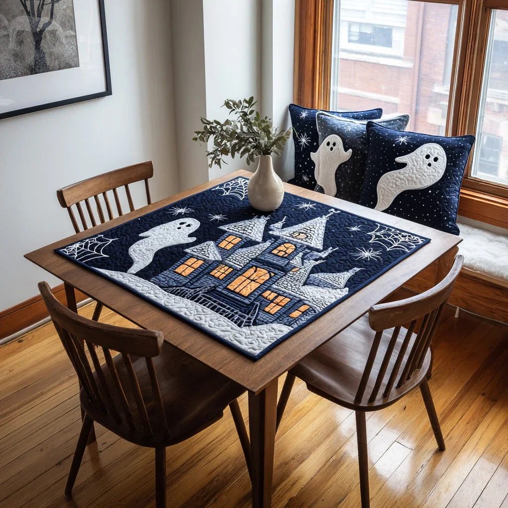 Ghostly Halloween Castle Quilted Table Topper