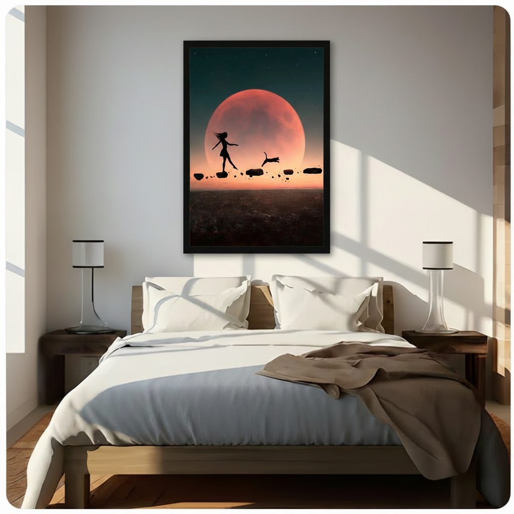 Girl Cat Blood Moon Canvas Wall Art