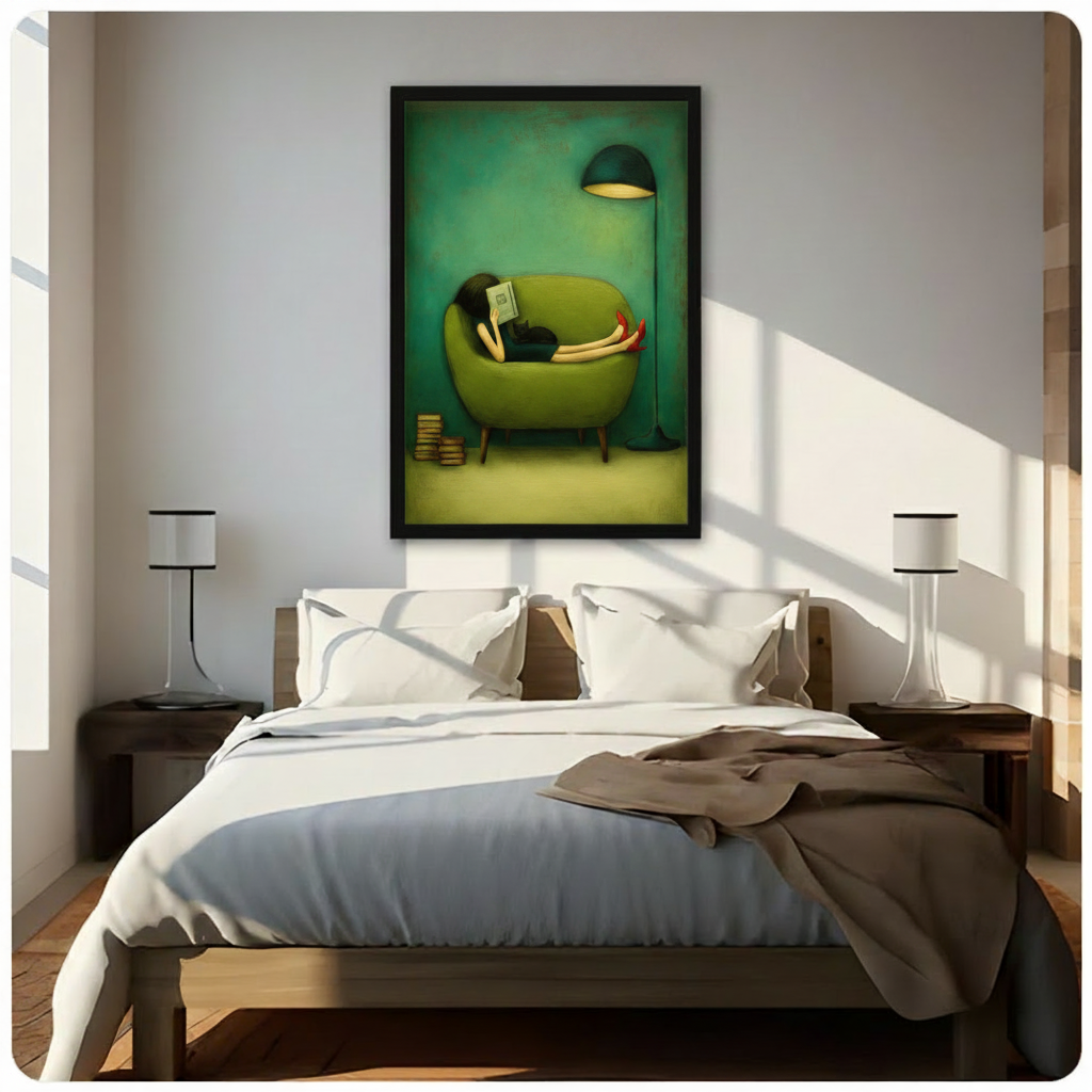 Reading Woman Cat Green Mid-Century Canvas Wall Art