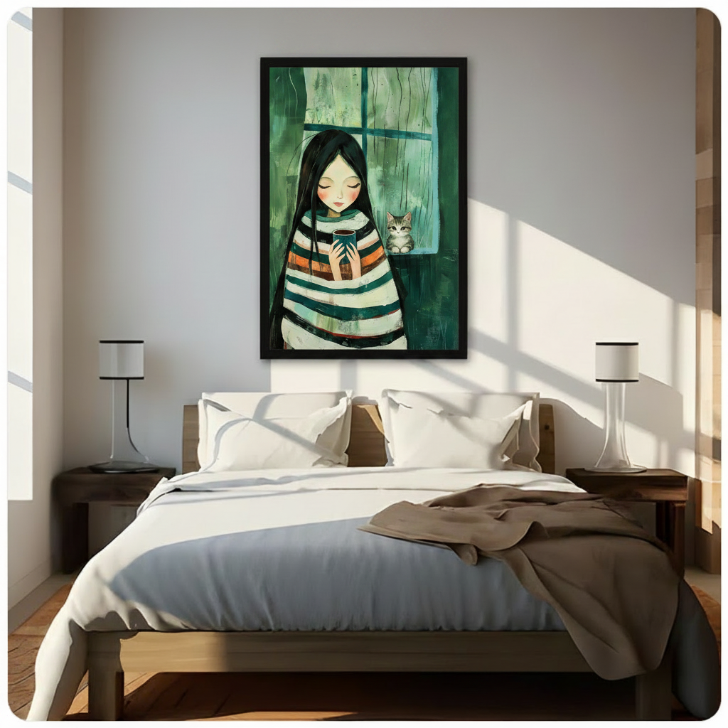 Rainy Day Girl & Cat Whimsical Canvas Art Wall Art