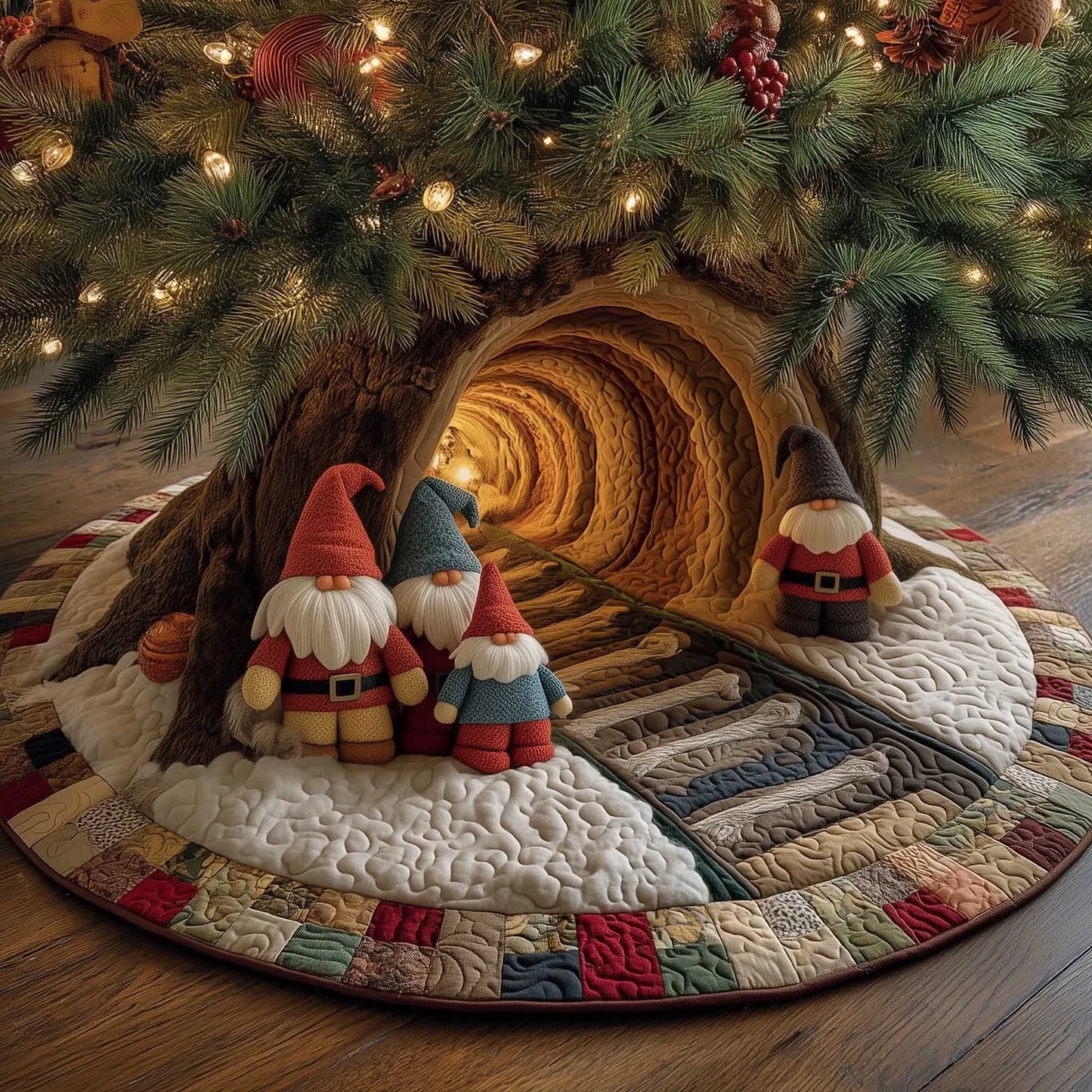 Gnome Tunnel Journey Christmas Quilted Tree Skirt