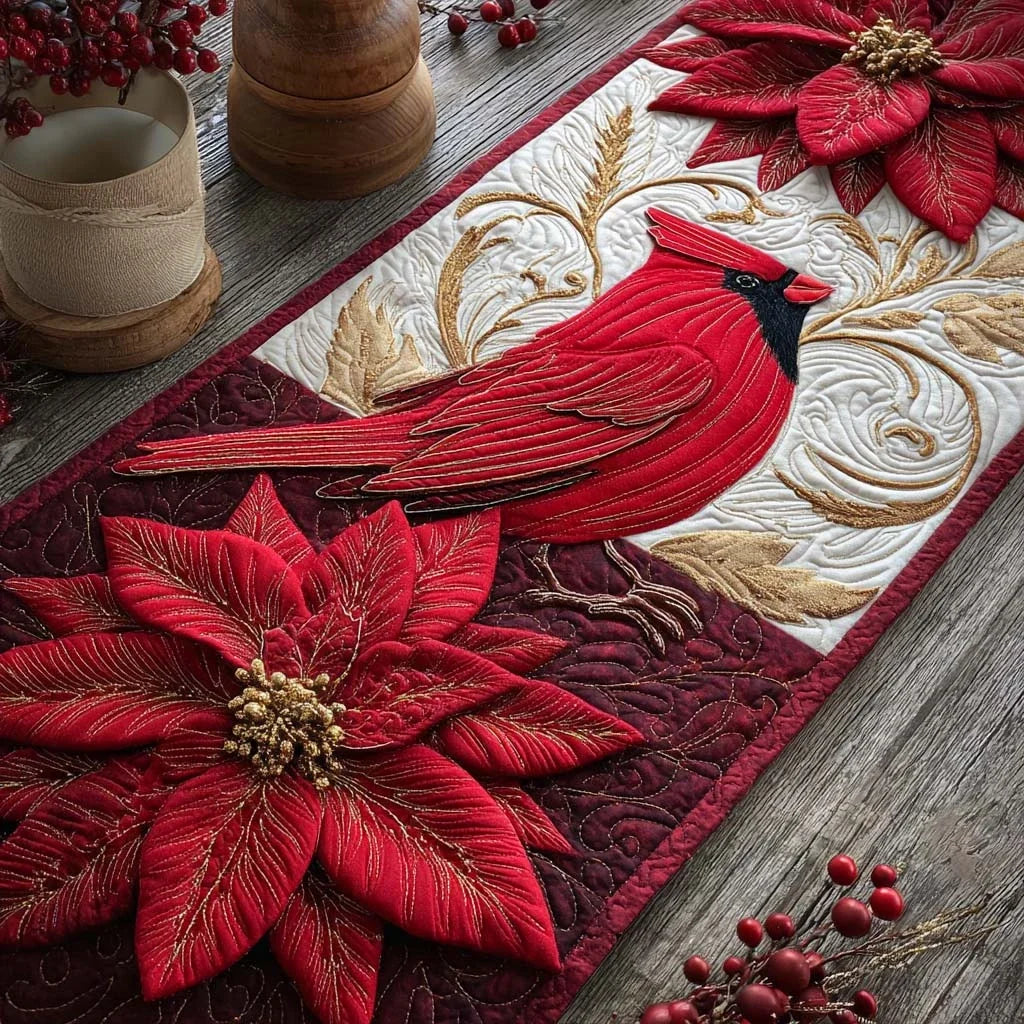 Golden Bloom Cardinal Quilted Table Runner
