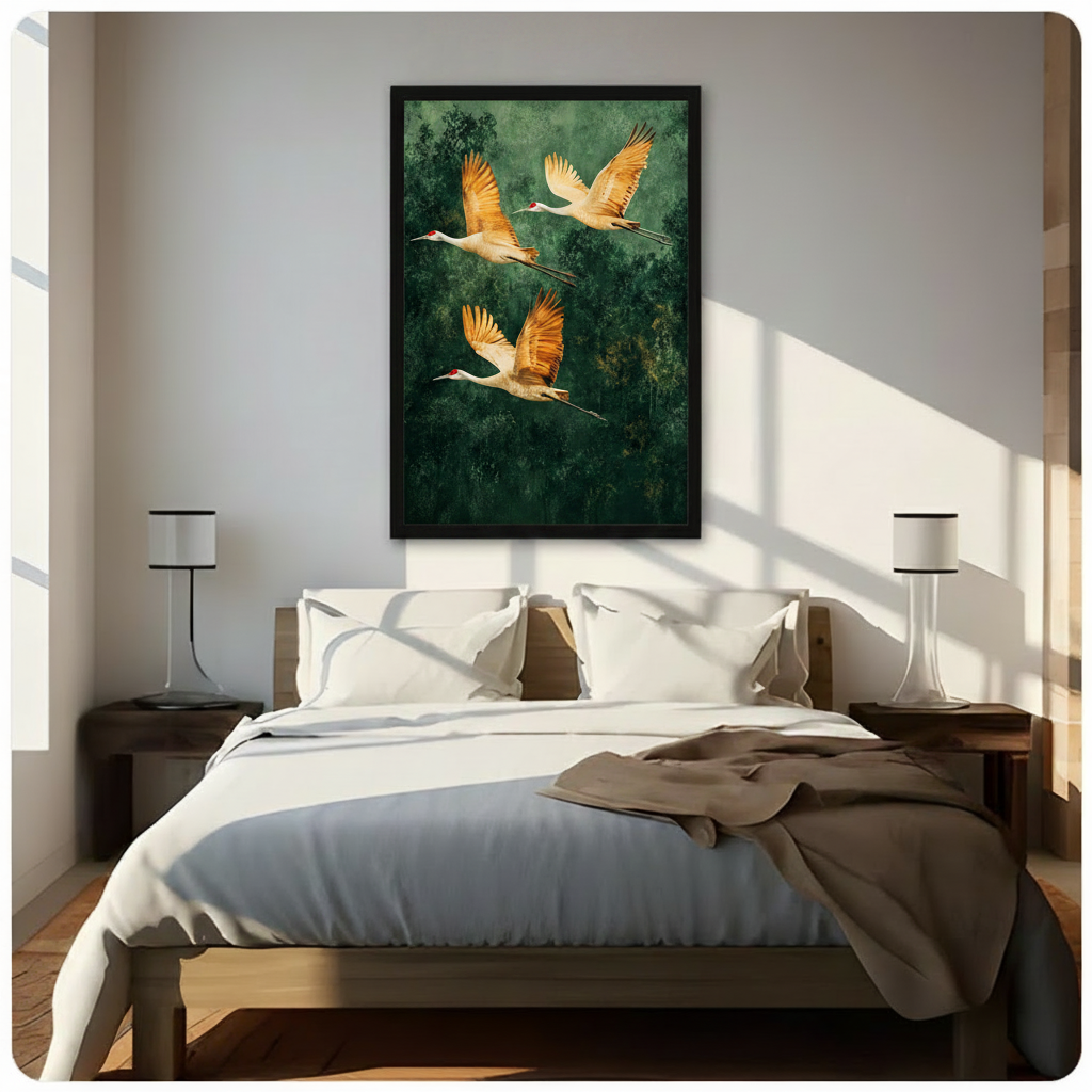Golden Cranes Forest Canvas Wall Art