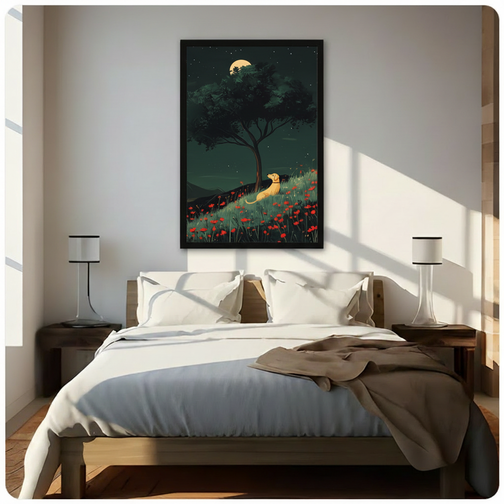 Golden Dog Moonlit Poppy Field Canvas Wall Art