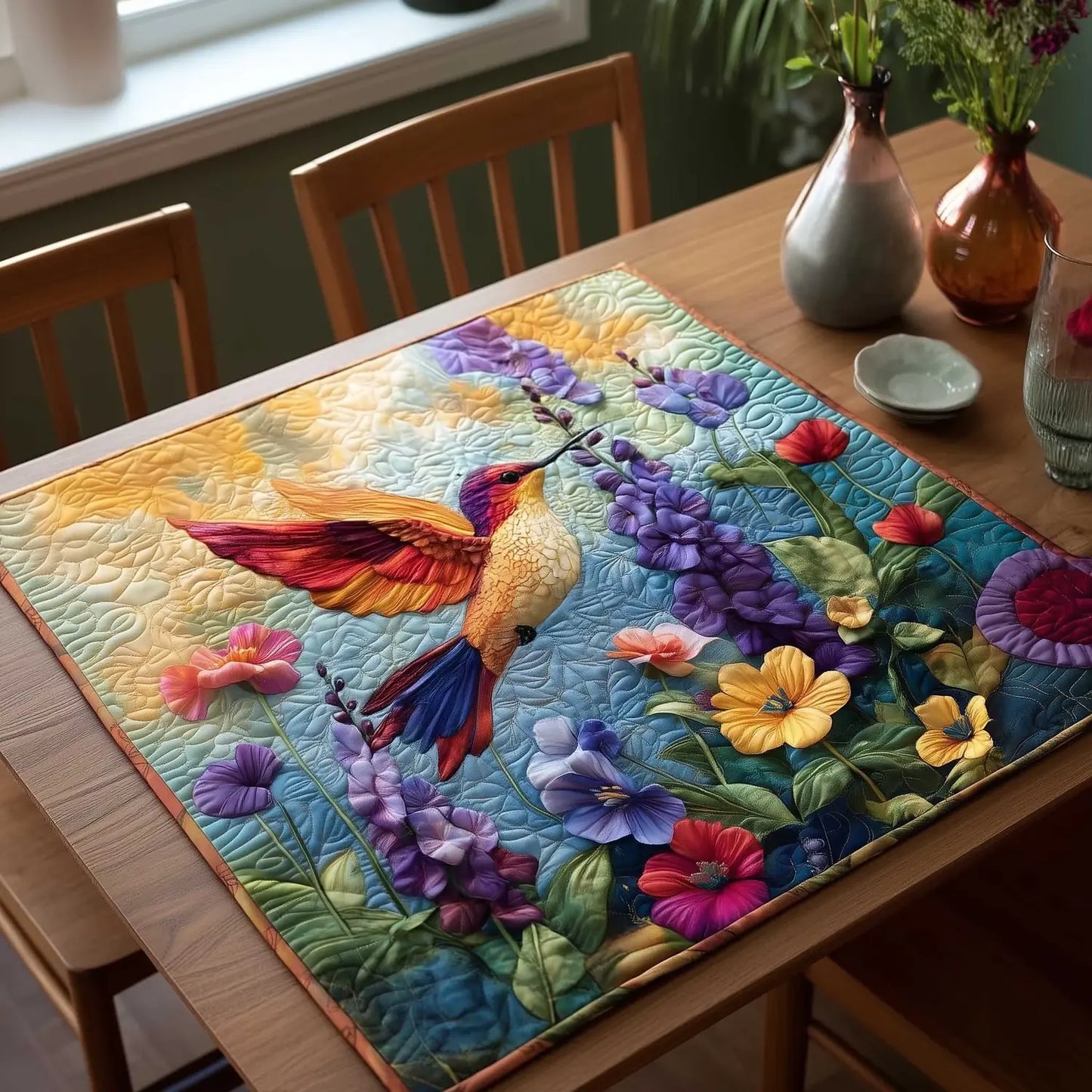 Golden Hummingbird Quilted Table Topper