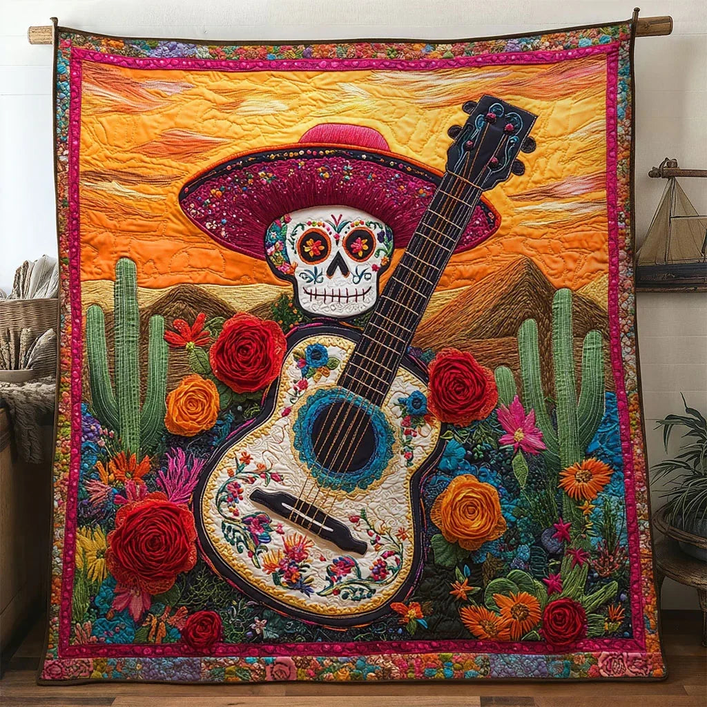 Golden Sunset Guitar Quilt Blanket