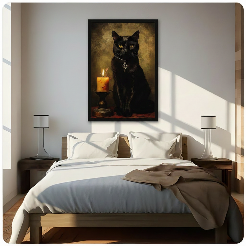 Gothic Black Cat Candlelight Oil Painting Canvas Art