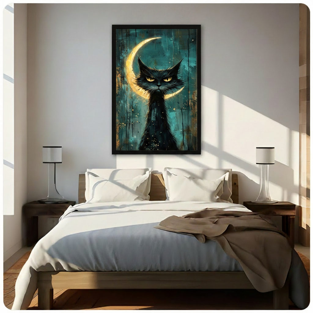 Gothic Black Cat Crescent Moon Oil Painting Canvas