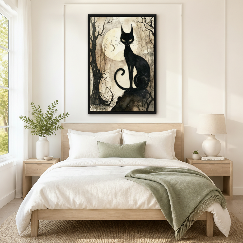 Black Cat Full Moon Ink Watercolor Canvas Wall Art