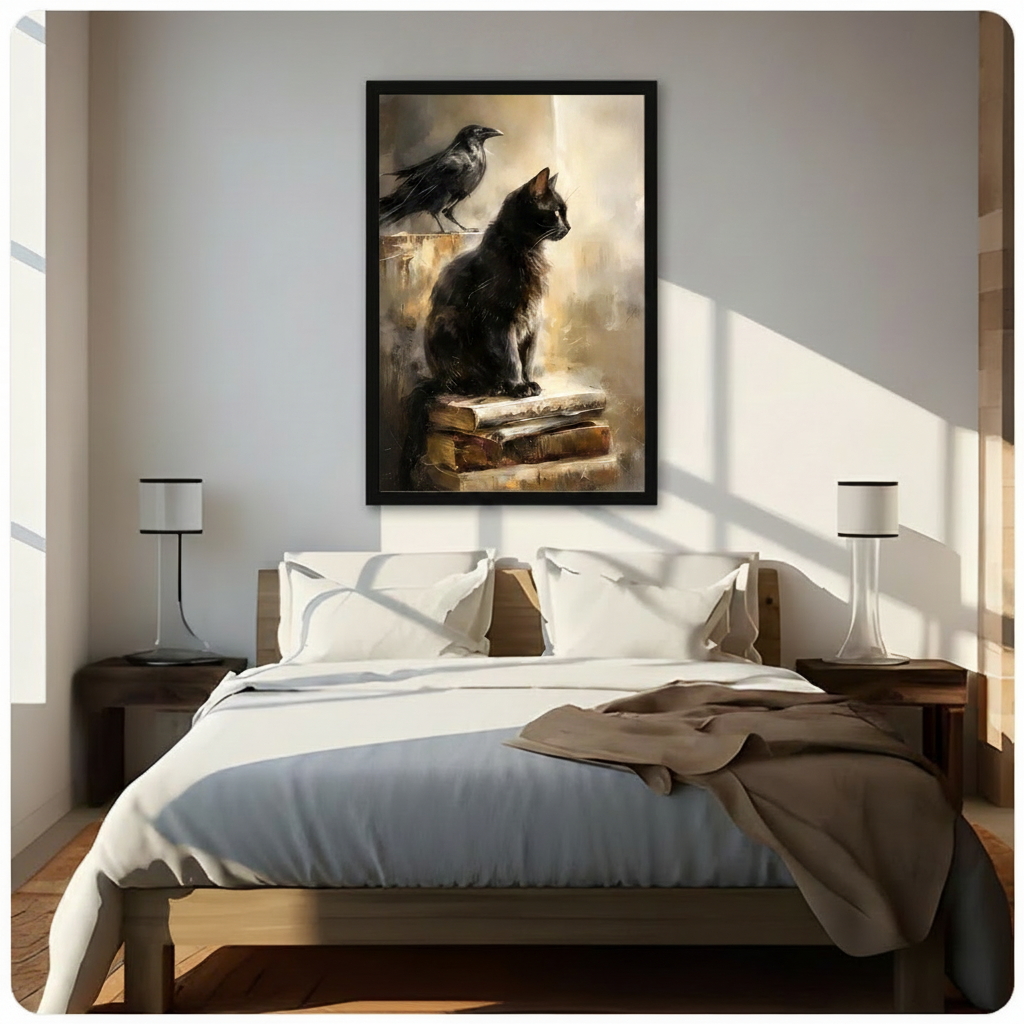 Black Cat Raven Ancient Books Dark Academia Canvas Art