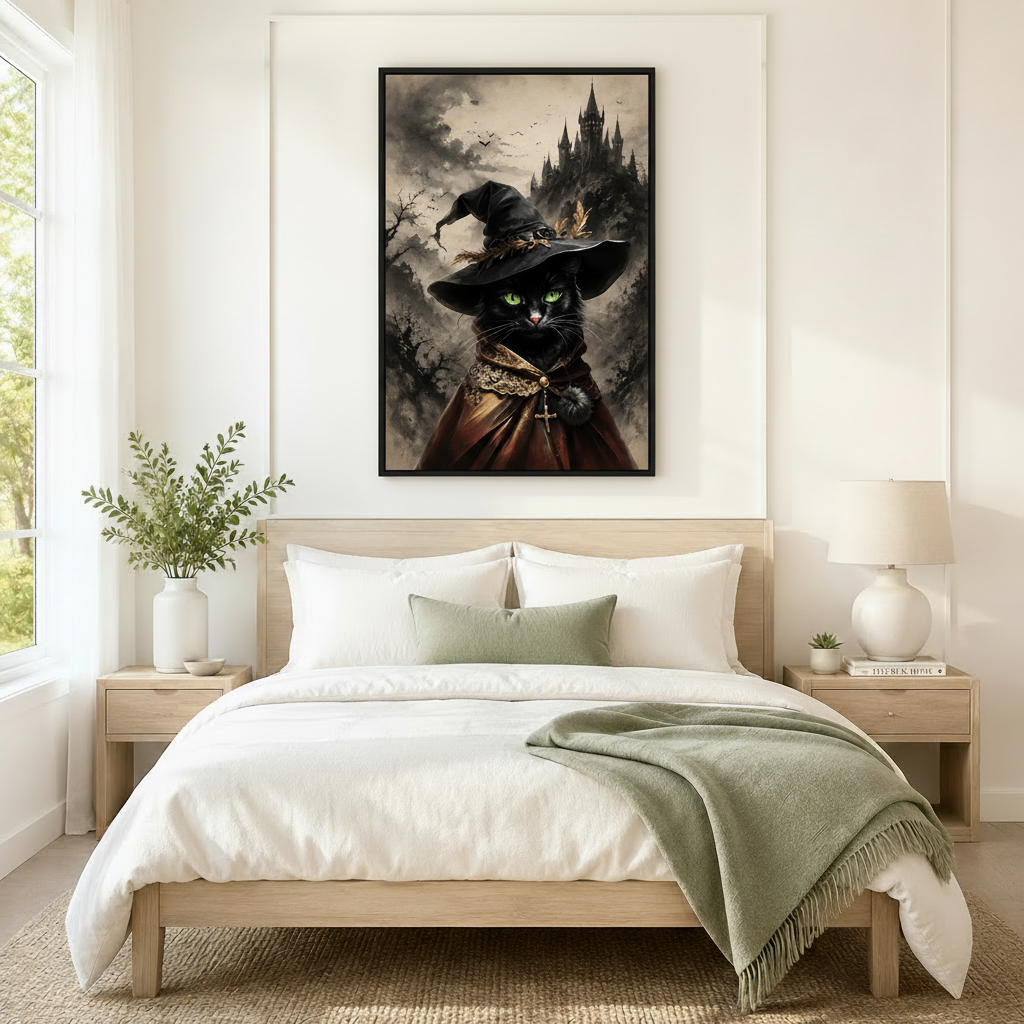 Gothic Black Cat Witch Framed Canvas Art Wall Art