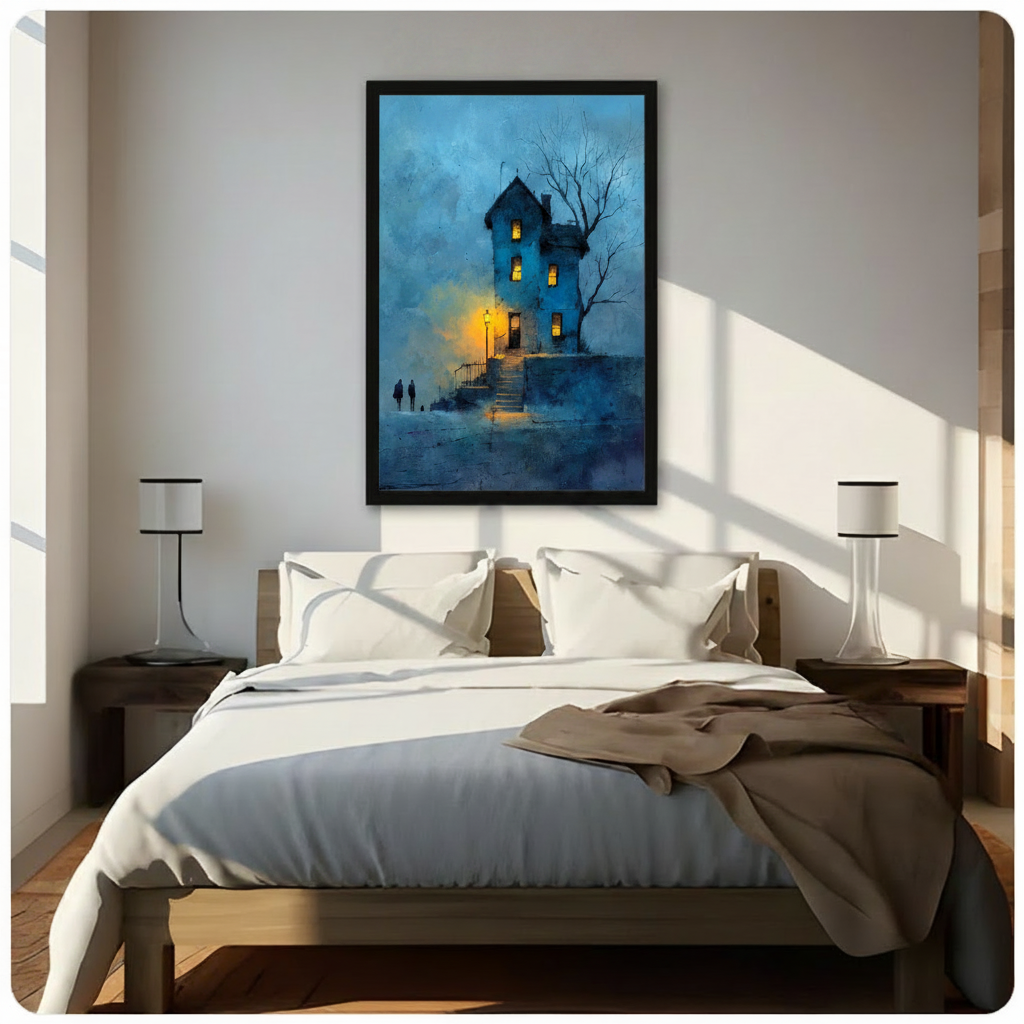 Moody Blue Night House Canvas Art Wall Art