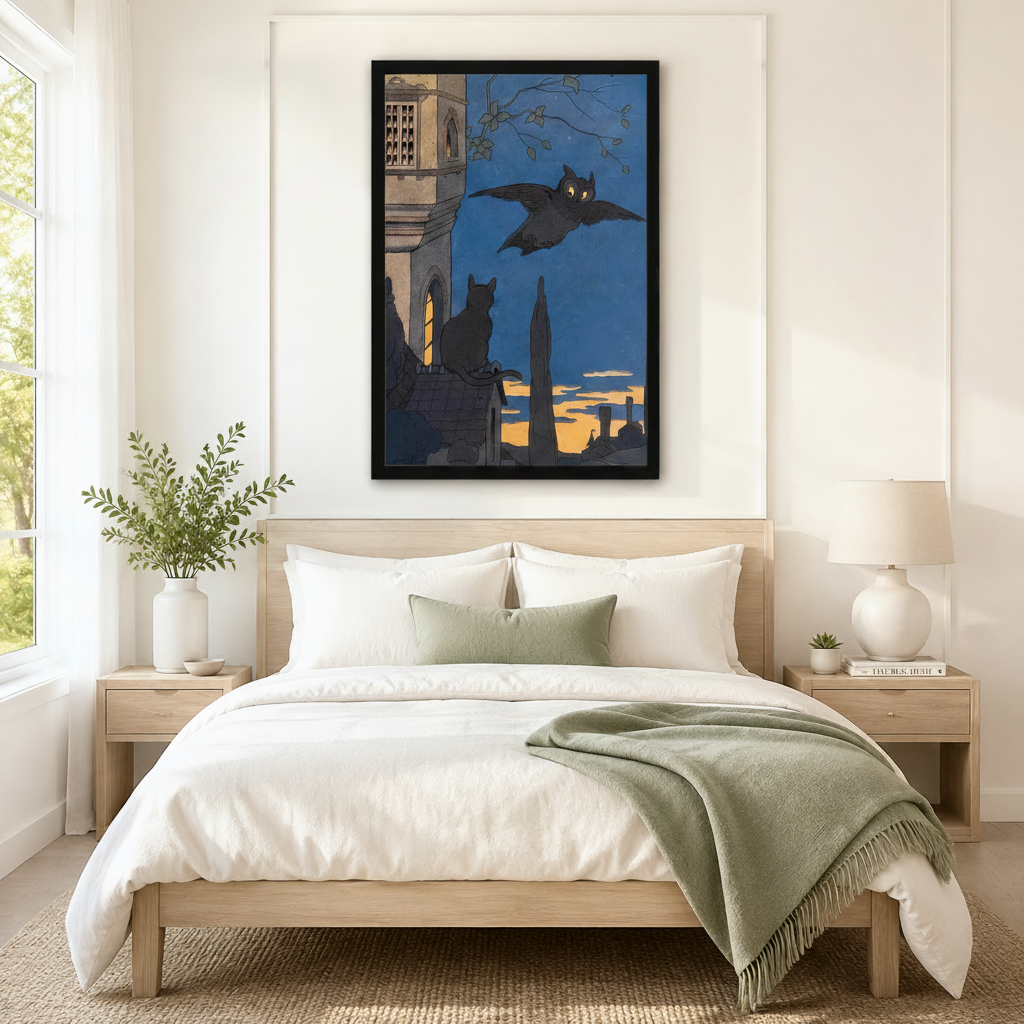 Gothic Black Cat Owl Night Canvas Wall Art