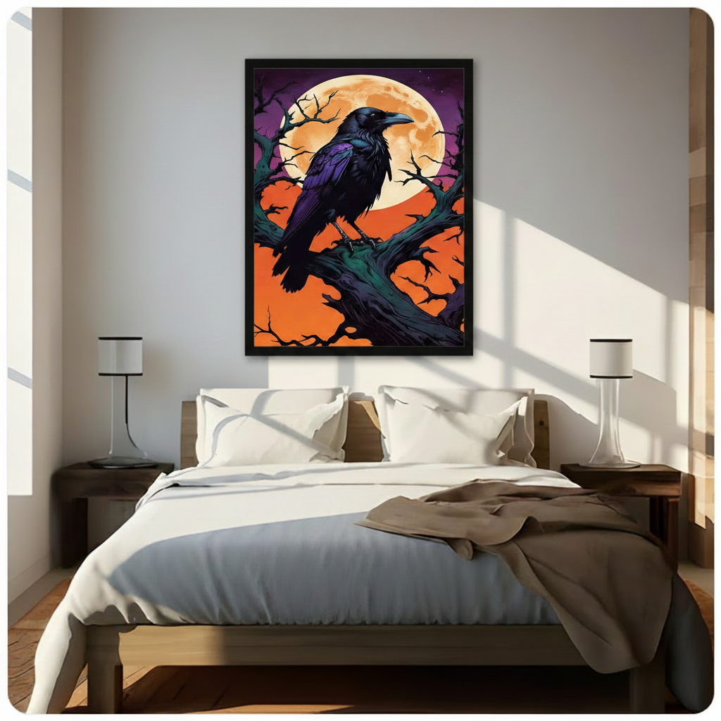 Gothic Raven Full Moon Framed Canvas Art Wall Art
