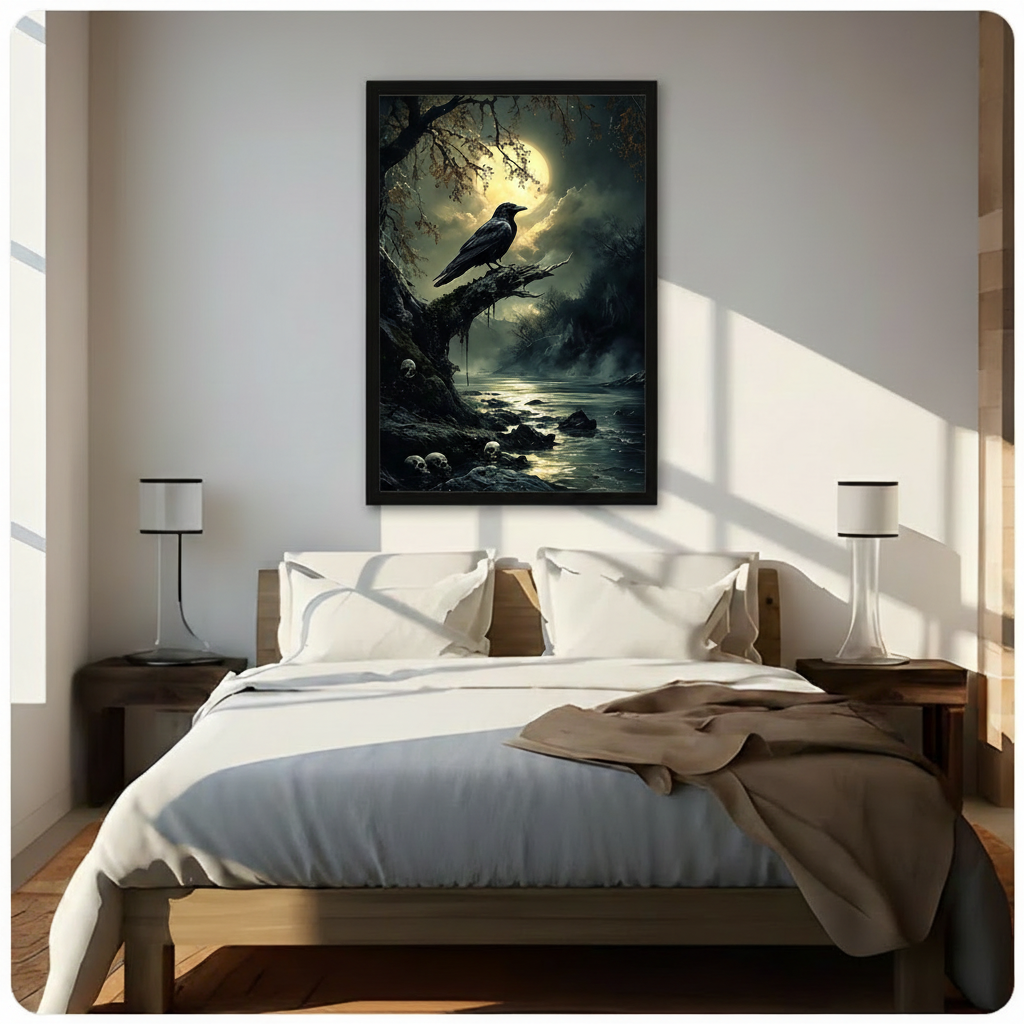 Gothic Raven Moonlit Night Dark Fantasy Canvas Art